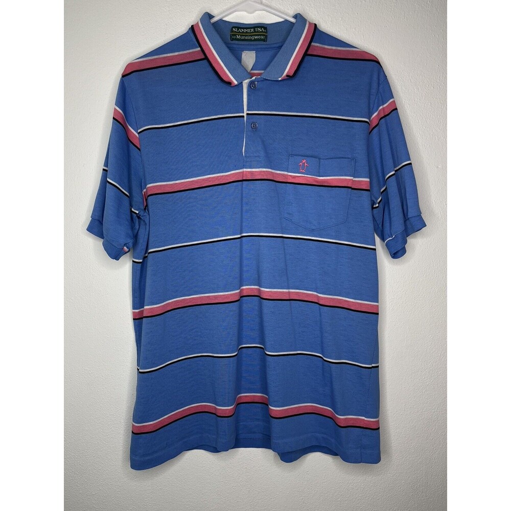 Vintage Slammer USA by Munsingwear Made in USA Penguin Blue Striped Polo Shirt L